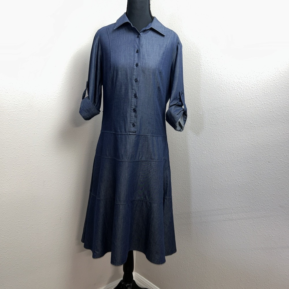 Sharagano Chambray Dress Women's 8 Dark Denim Minimalist‎ Career Classic Button